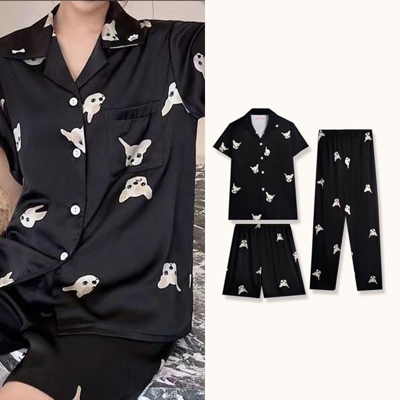 Puppy Print Casual Summer Pajamas Three Piece Set  |   Pajamas Clothing Black