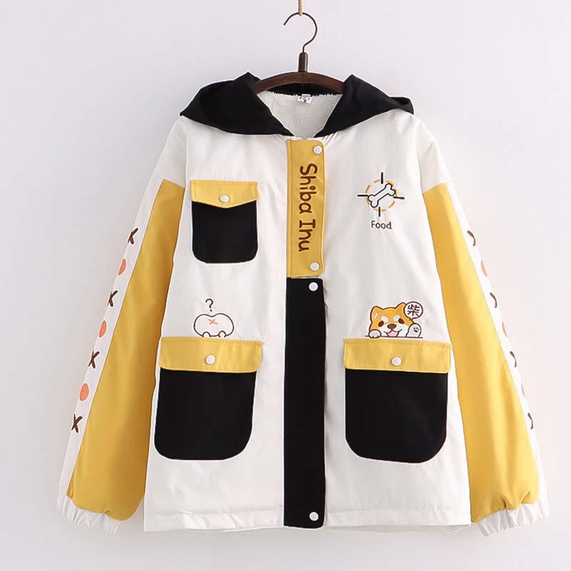 Puppy Print Colorblock Pocket Hooded Coat  |   Outerwear Clothing Black