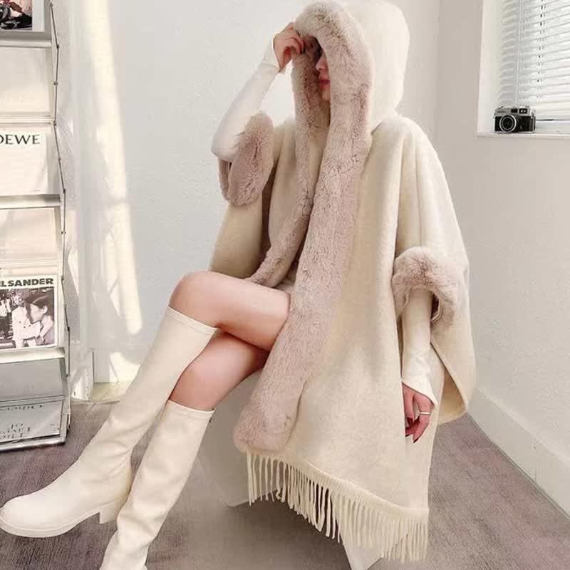 Pure Color Furry Collar Fringed Hooded Cloak Coat  |   Outerwear Clothing Apricot