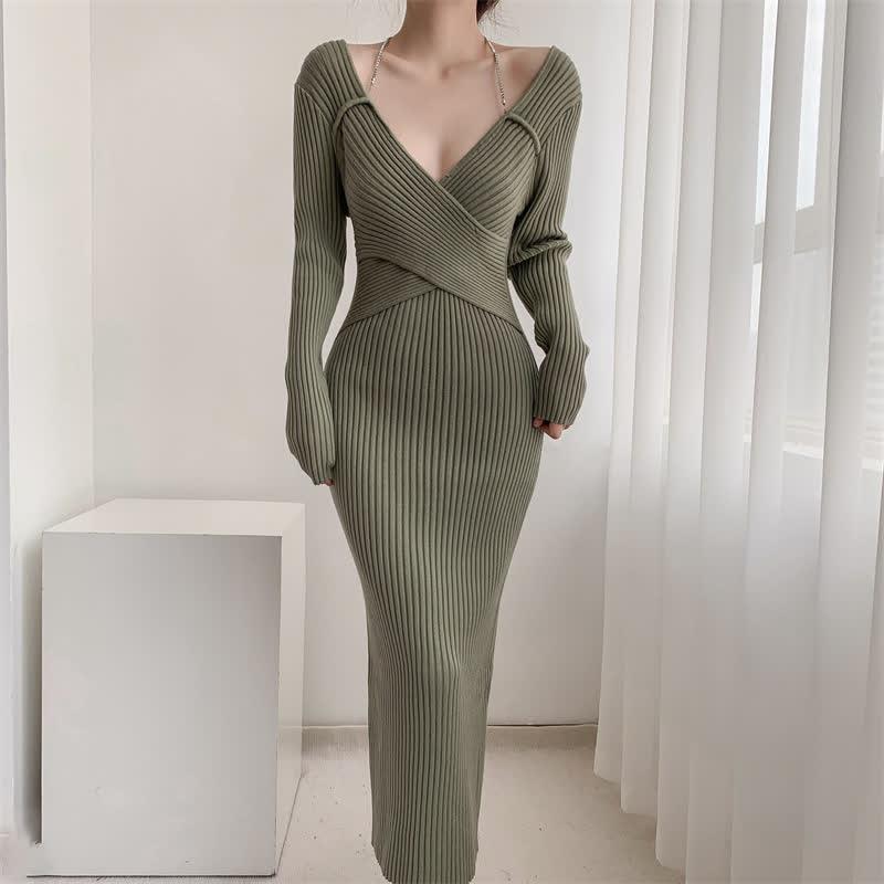 Pure Color Halter Cross V-Neck Slim Knit Sweater Dress  |   Dresses Clothing Apricot