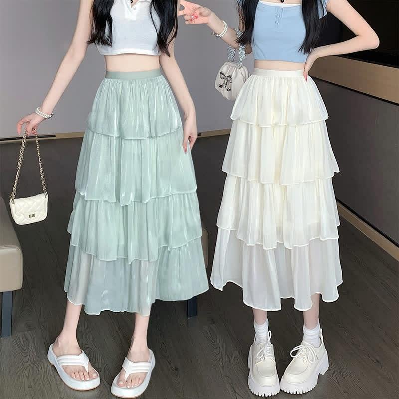 Pure Color High Waist Tiered Skirt  |   Skirts Clothing Apricot