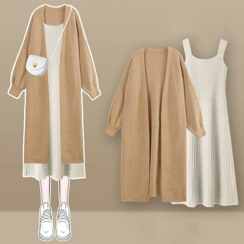 Pure Color Knit Cardigan Outerwear Slip Dress Two Pieces Set  |   Dresses Clothing Apricot cardigan