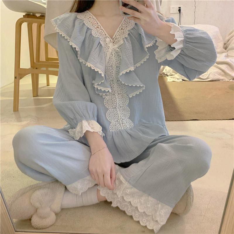 Pure Color Lace Home Pajamas Set  |   Pajamas Clothing Blue