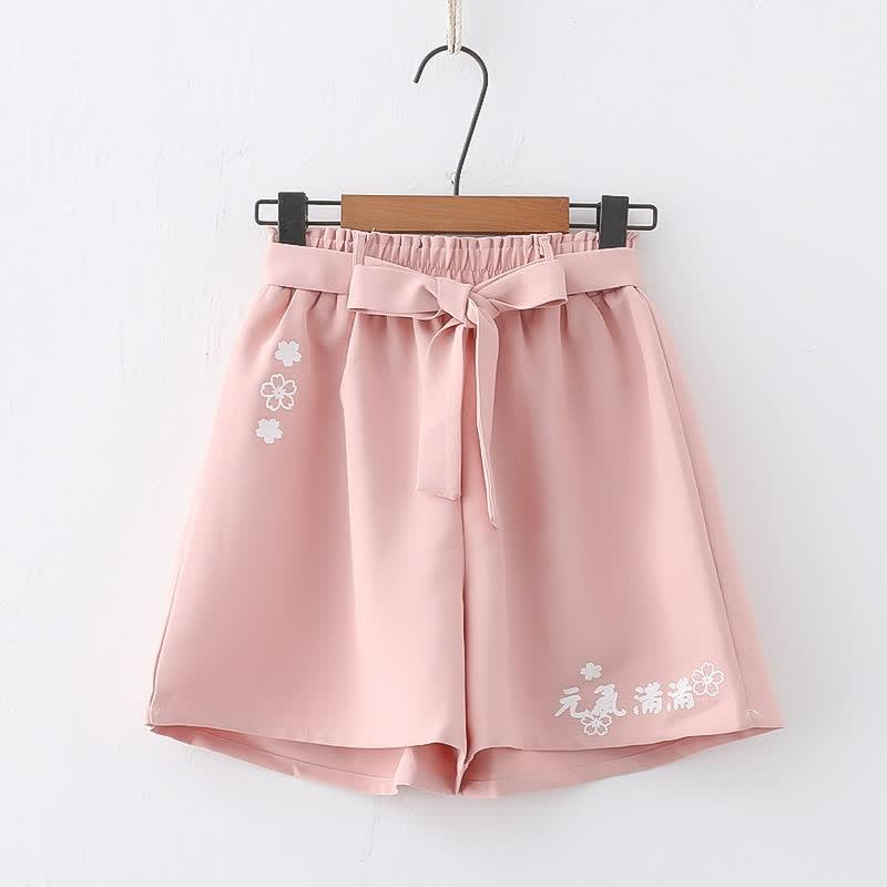 Pure Color Lace Up Sakura Print Wide Leg Shorts  |   Shorts Clothing Black