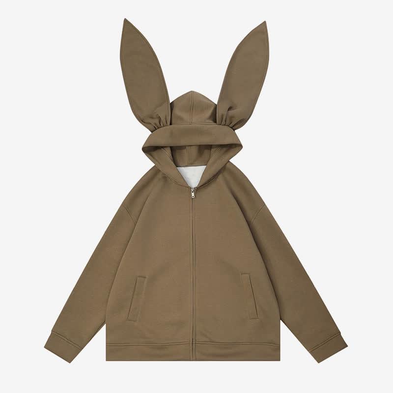 Pure Color Pocket Zipper Bunny Ears Hooded Sweatshirt  |   Sweatshirts & Hoodies Clothing Black