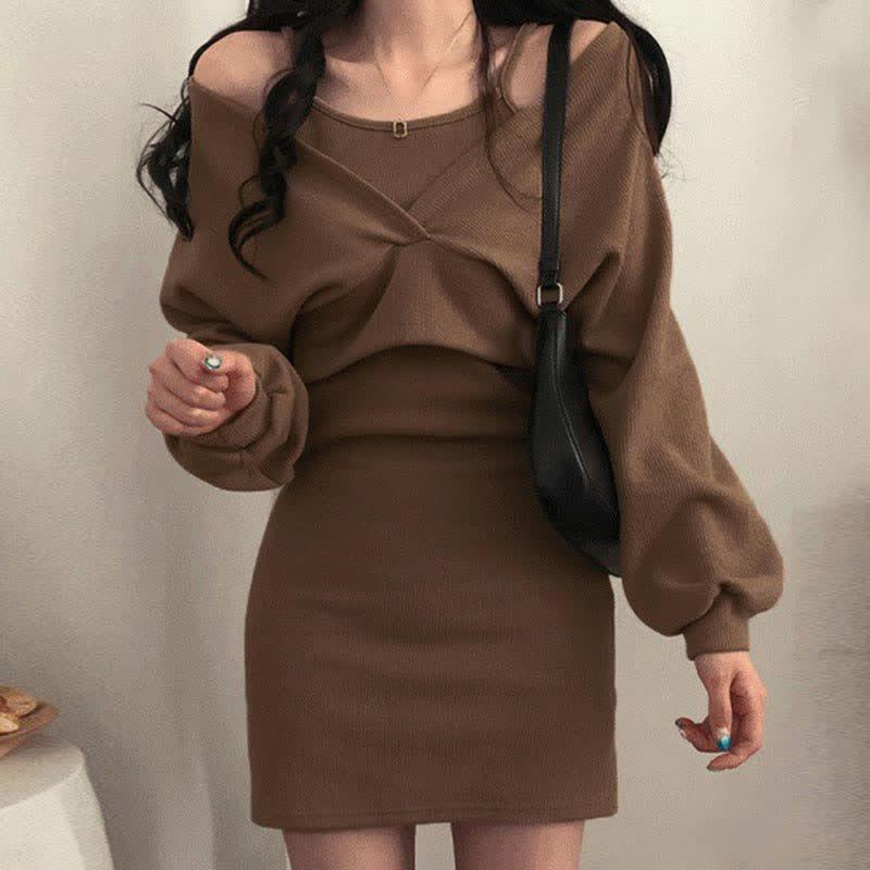 Pure Color Slip Dress V-Neck Cross Cardigan Two Piece Set  |   Dresses Clothing Brown