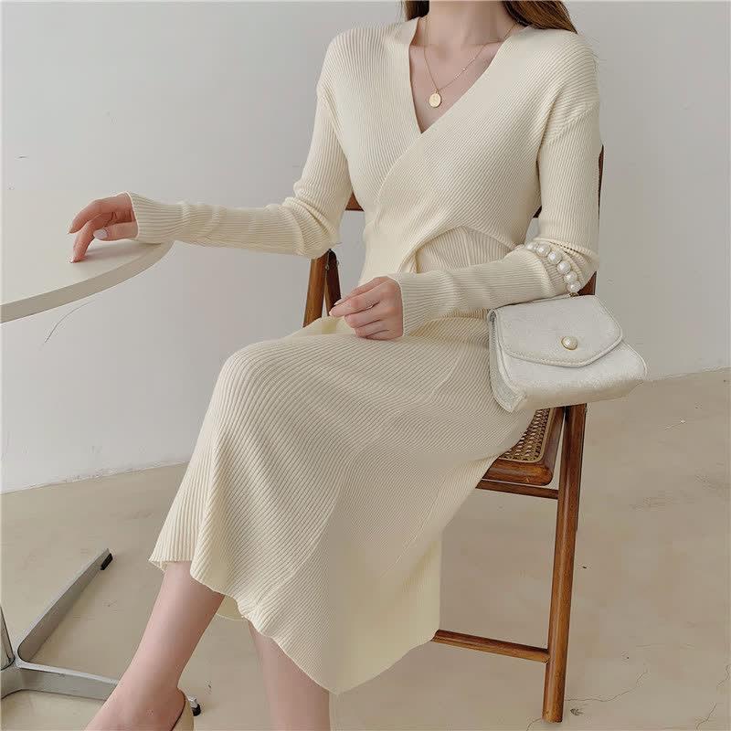 Pure Color V-Neck A-Line Slim Knit Sweater Dress  |   Dresses Clothing Apricot