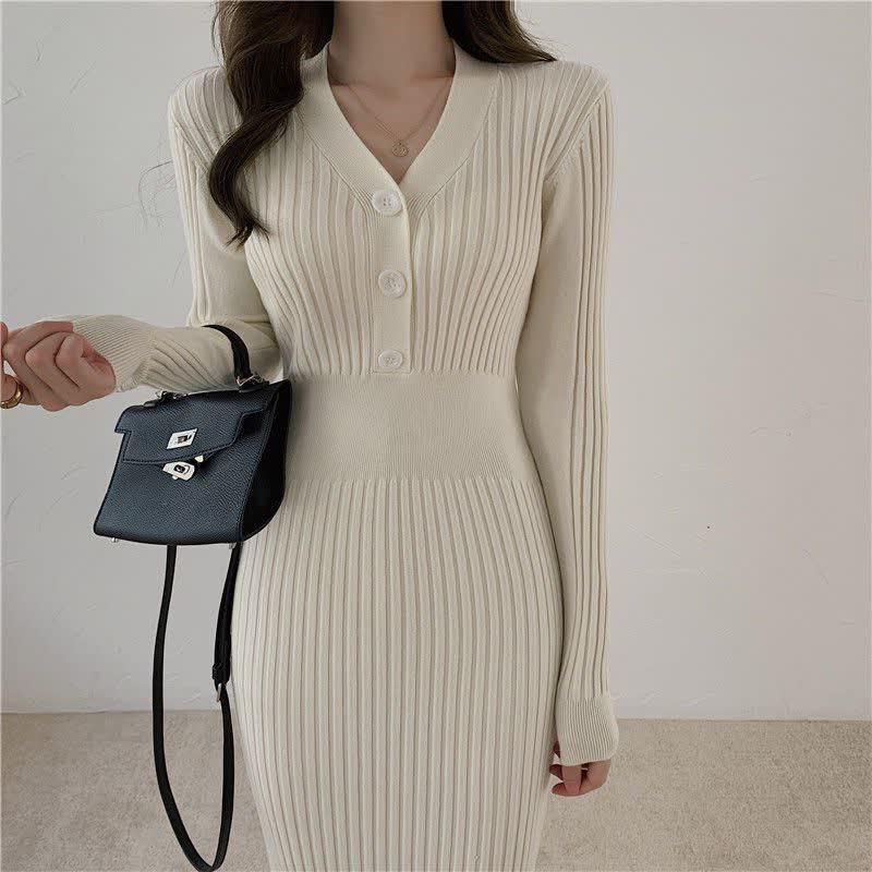 Pure Color V-Neck Button Front Slim Knit Sweater Dress  |   Dresses Clothing Apricot