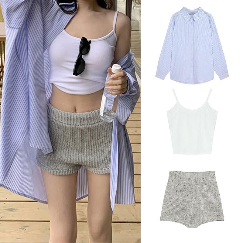 Pure Color Vest Shorts Striped Long Shirt  |   Crop Tops & Camis Clothing Blue Shirt