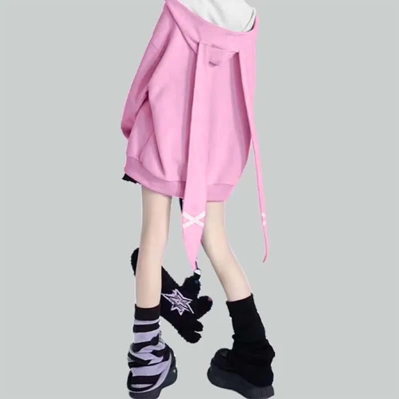 Pure Color Zipper Long Bunny Ears Plush Hoodie  |   Sweatshirts & Hoodies Clothing Pink