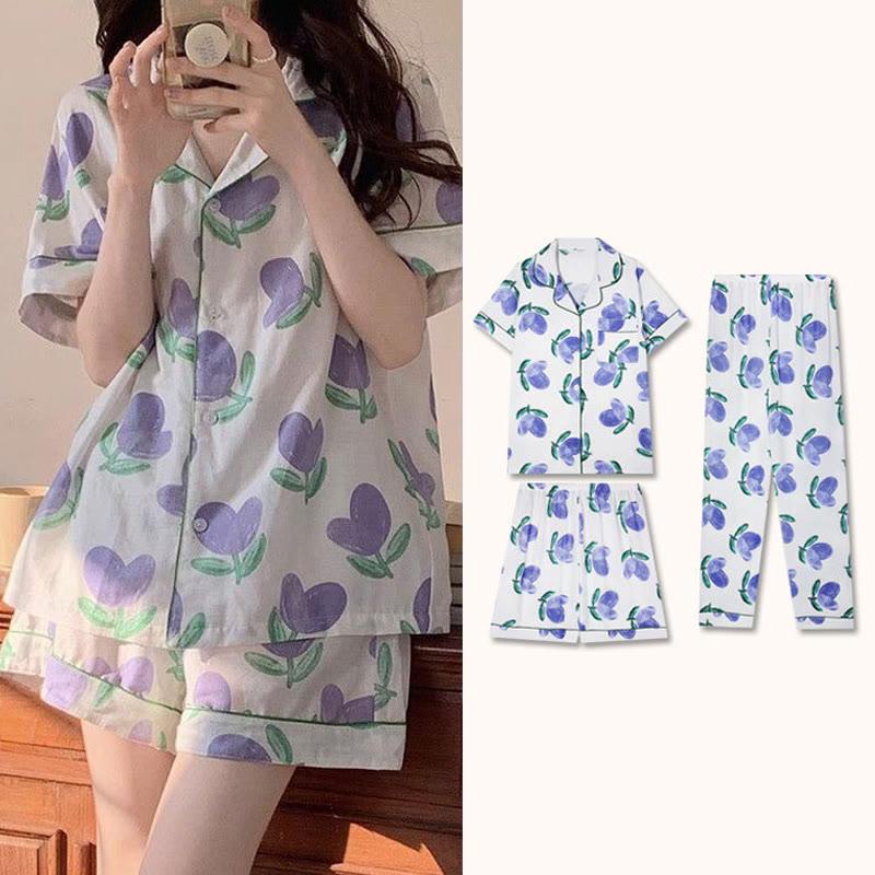 Purple Floral Print Casual Summer Pajamas Three Piece Set  |   Pajamas Clothing Pajamas