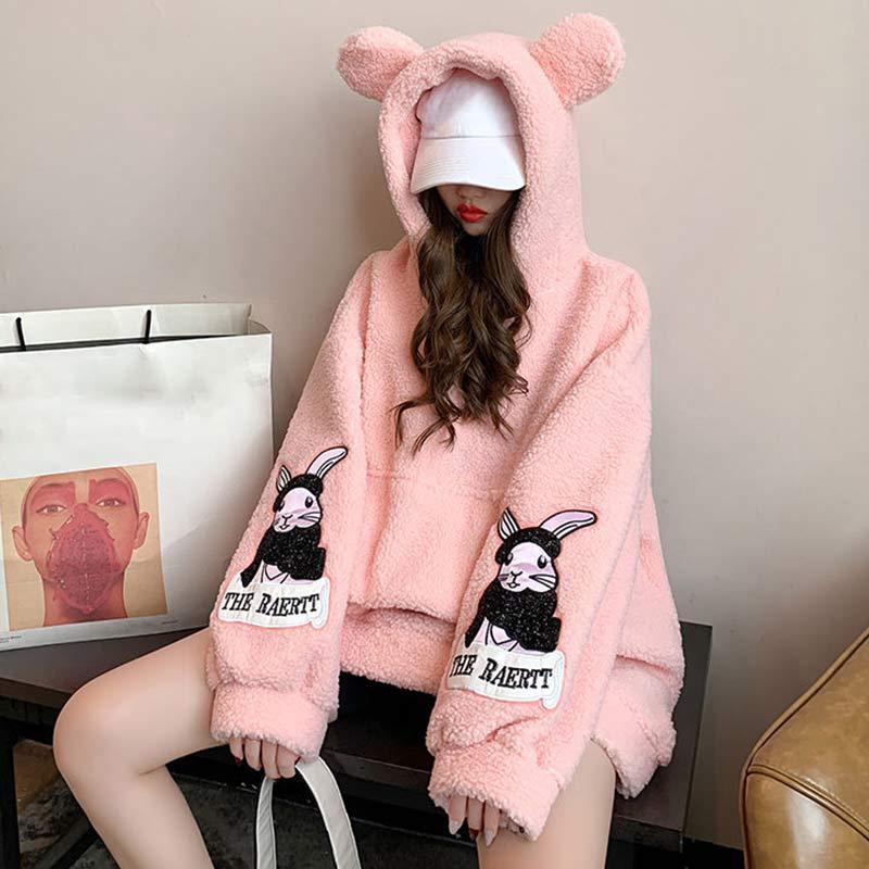 Rabbit Ears Pocket Plush Oversized Hoodie  |   Sweatshirts & Hoodies Clothing Pink