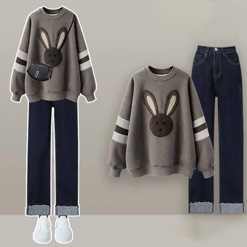 Rabbit Embroidery Colorblock Plush Sweatshirt Roll Up Denim Pants  |   Sweatshirts & Hoodies Clothing Pants