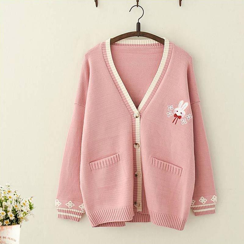 Rabbit Embroidery V-Neck Cardigan Sweater  |   Outerwear Clothing Creamy-White