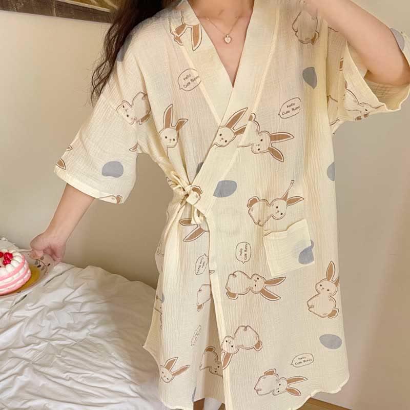 Rabbit Print Lace-Up Kimono Pajamas Dress  |   Pajamas Clothing Apricot