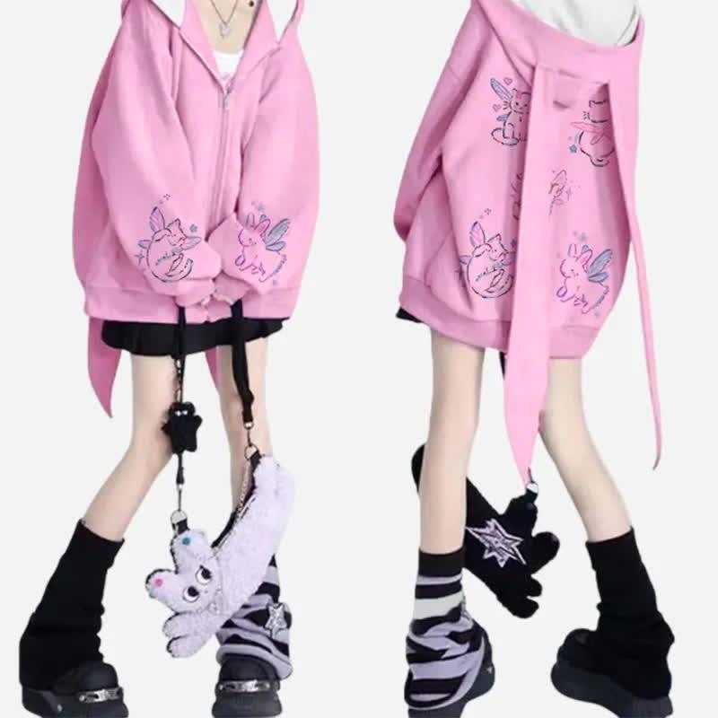 Rabbits Long Sleeve Zipper Oversized Sweatshirt  |   Sweatshirts & Hoodies Clothing Pink