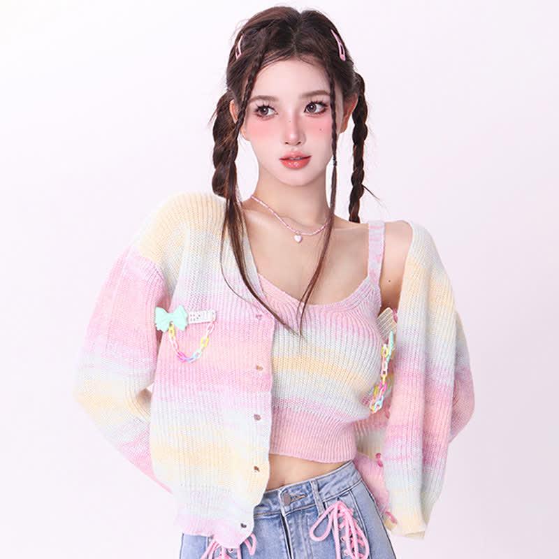 Rainbow Bowknot Decor Knitted Cami Top Cardigan Sweater  |   Crop Tops & Camis Clothing Cami