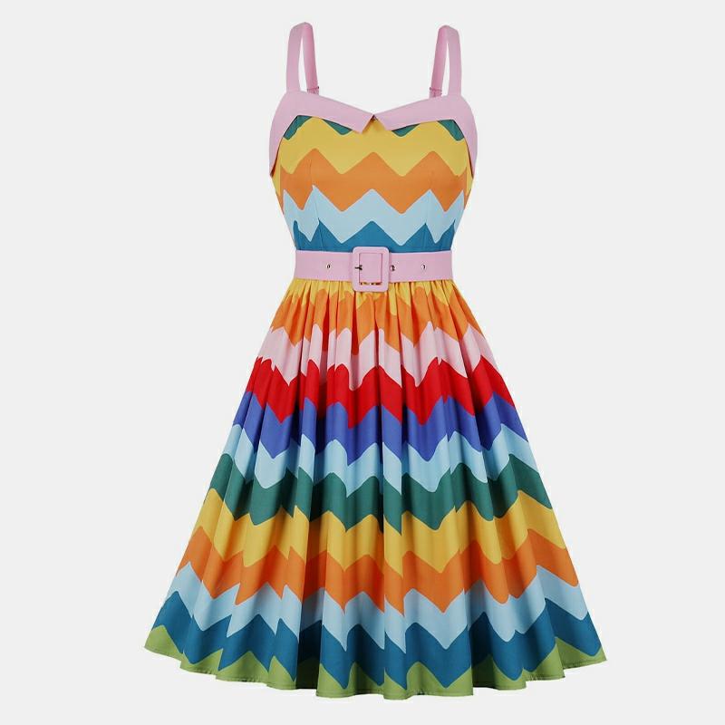 Rainbow Colorblock Stripe Belted Slip Dress  |   Dresses Clothing Dresses