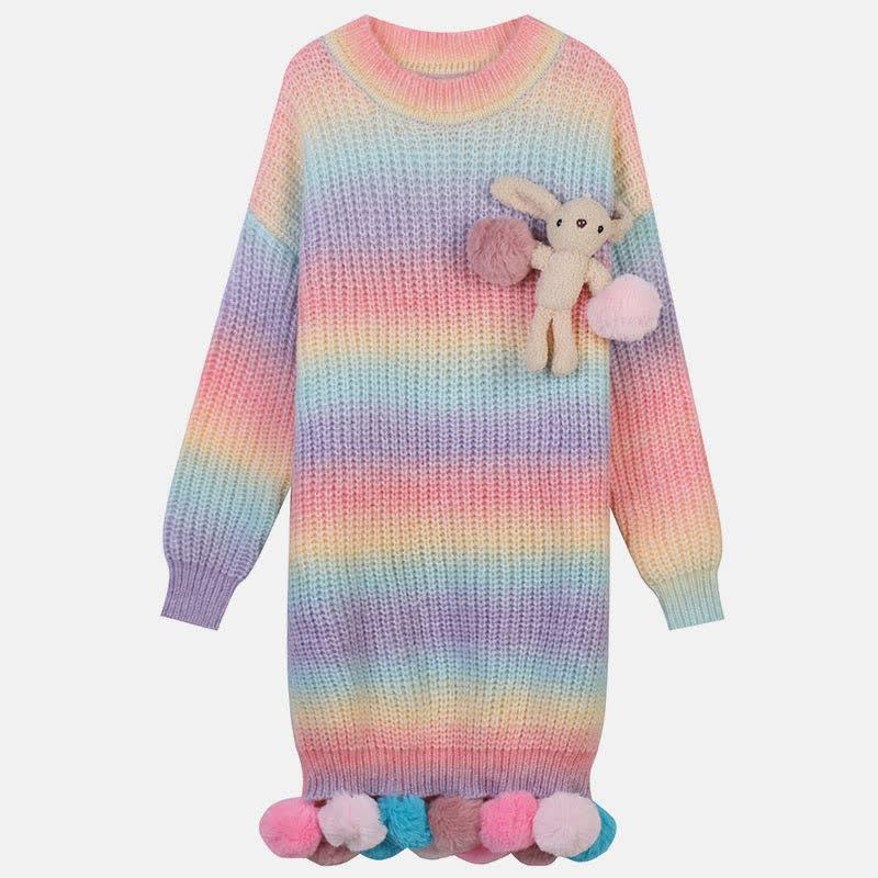 Rainbow Gradient Color Bunny Fuzzy Ball Fringed Sweater Dress  |   Sweater Clothing Dresses