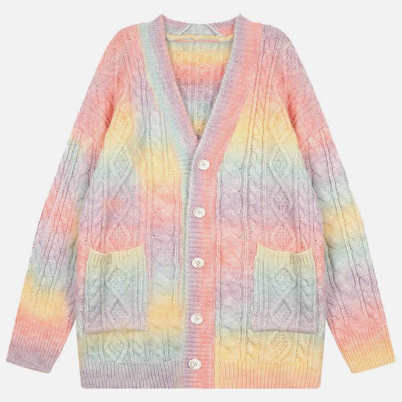 Rainbow Gradient Color Knitted Cardigan Sweater  |   Sweater Clothing A