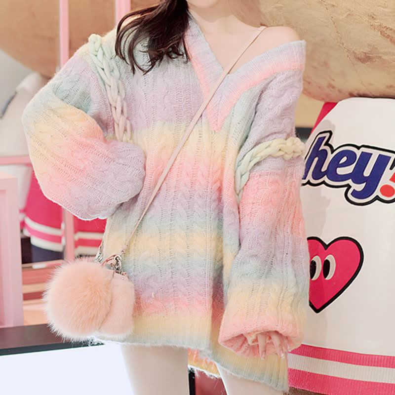 Rainbow Gradient Color V-Neck Loose Knitted Sweater  |   Sweater Clothing Pink