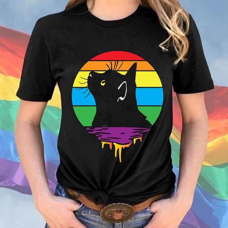 Rainbow Kitty Print Summer T-Shirt  |   T-Shirts Clothing Black