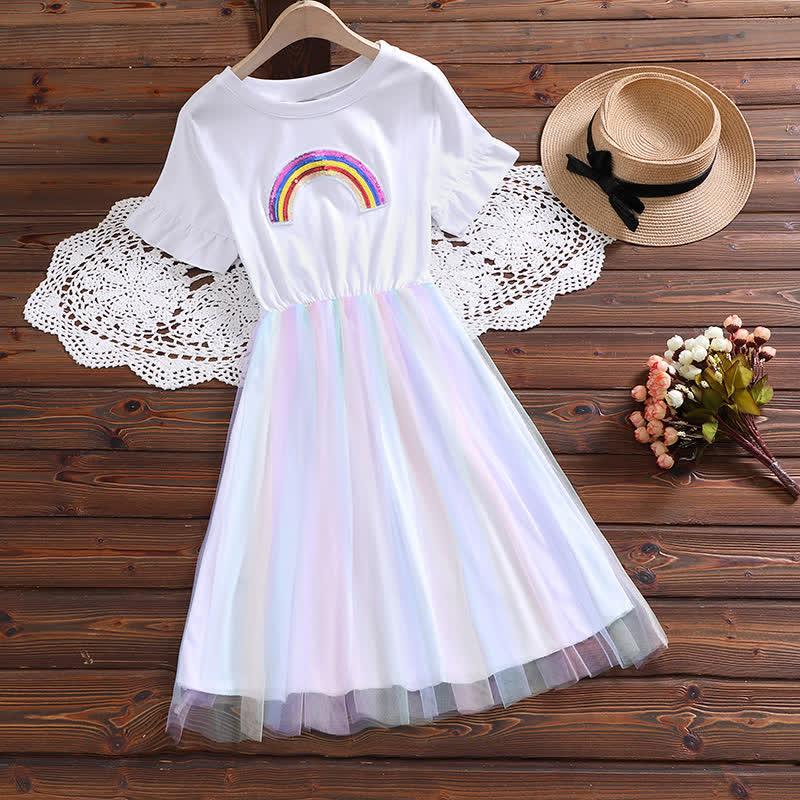 Rainbow Print A-Line Short Sleeve Tulle Dress  |   Dresses Clothing Dresses