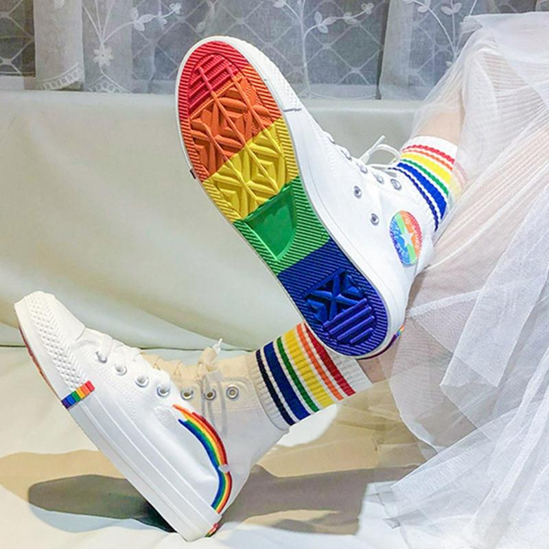 Rainbow Print High Top Canvas Shoes  |   Sneakers Shoes Black