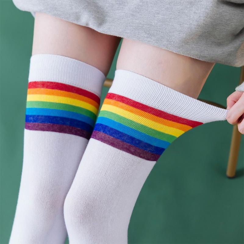 Rainbow Stripe Colorblock Cotton Socks  |   Socks Accessories Black Knee-High Socks