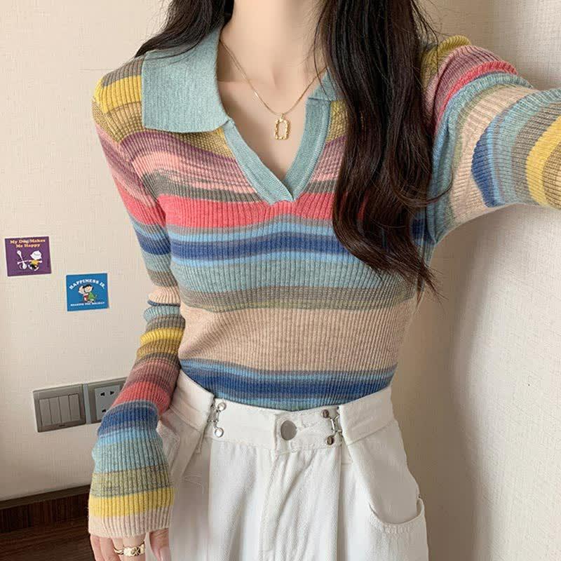 Rainbow Stripe Colorblock Lapel Long Sleeve Shirt  |   T-Shirts Clothing Blue