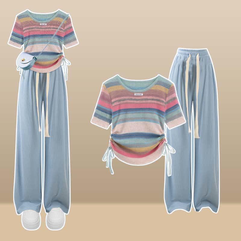 Rainbow Stripe T-Shirt Casual Draw String Wide Leg Shorts Pants  |   T-Shirts Clothing Black Pants