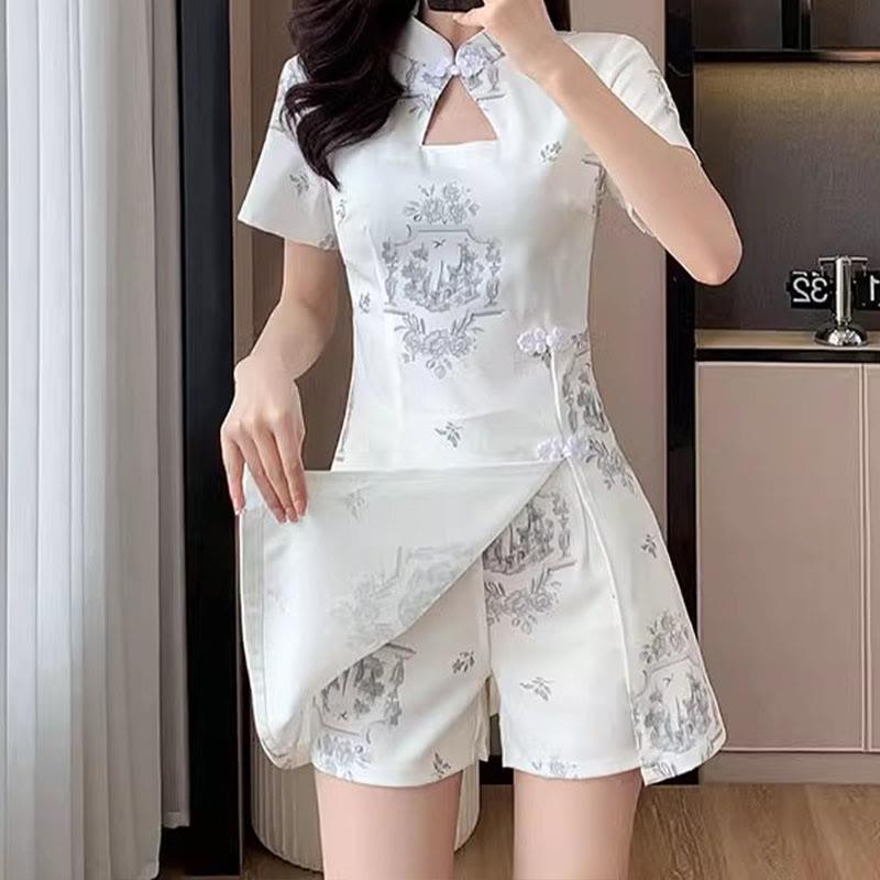 Retro Print Hollow Slit Cheongsam Shorts Set  |   Dresses Clothing Dresses