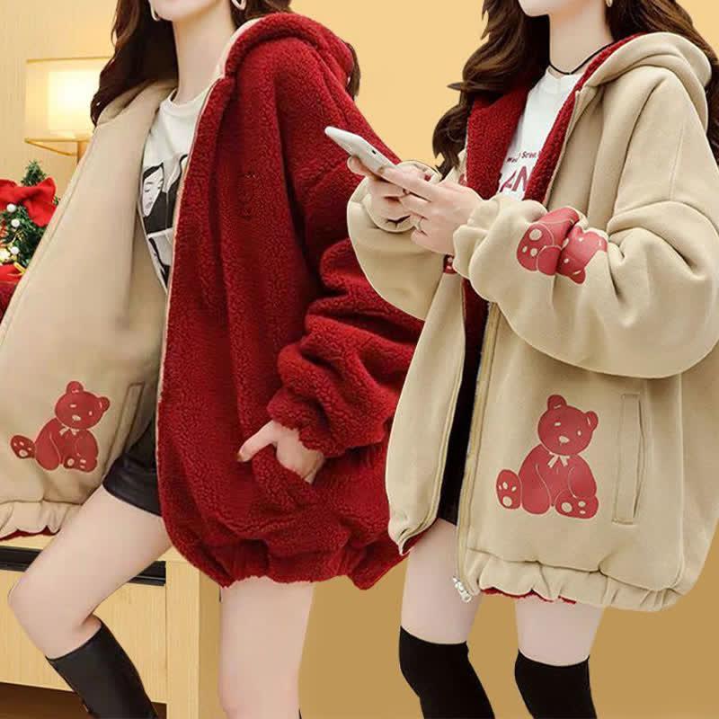 Reversible Cartoon Bear Print Zipper Plush Hooded Sweatshirt  |   Sweatshirts & Hoodies Clothing Apricot&Red