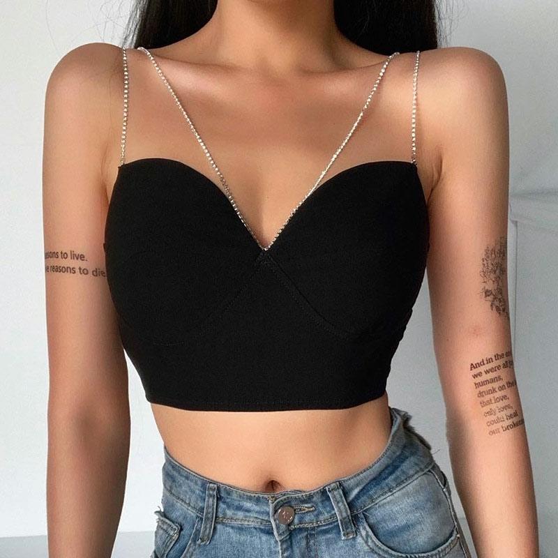 Rhinestone Chain Backless Sexy Crop Top  |   Crop Tops & Camis Clothing Black