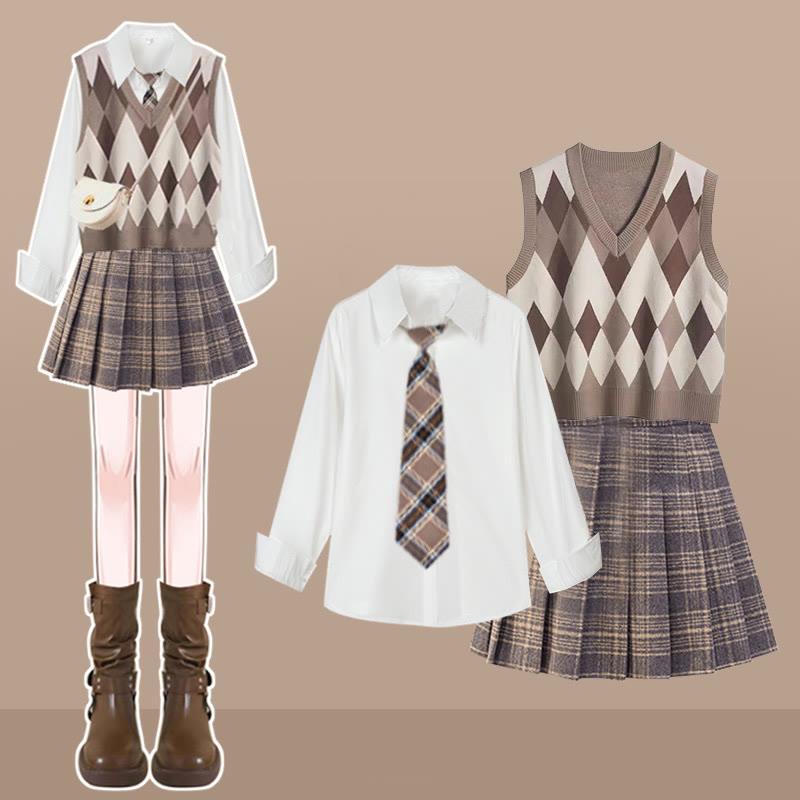 Rhombus Knit Vest Shirt Tie Plaid Pleated Skirt Three Pieces  |   Skirts Clothing Set