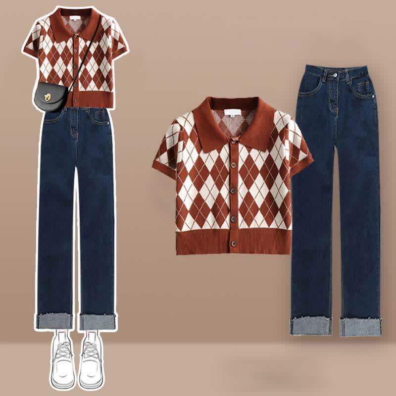 Rhombus Pattern Crop Top T-Shirt Denim Pants Two Pieces Set  |   T-Shirts Clothing Blue Set