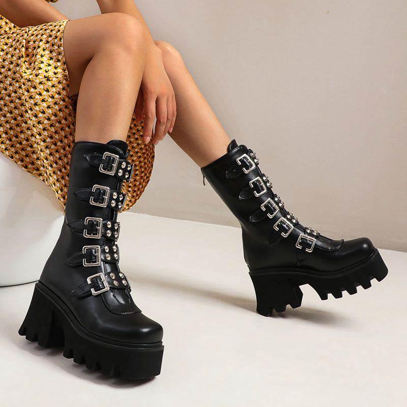 Rivet Belt Buckle Punk Platform Boots  |   Boots Boots Black