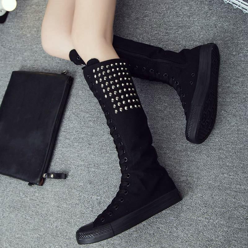 Rivet Decor Lace Up Zipper Canvas Boots  |   Boots Boots Black 1