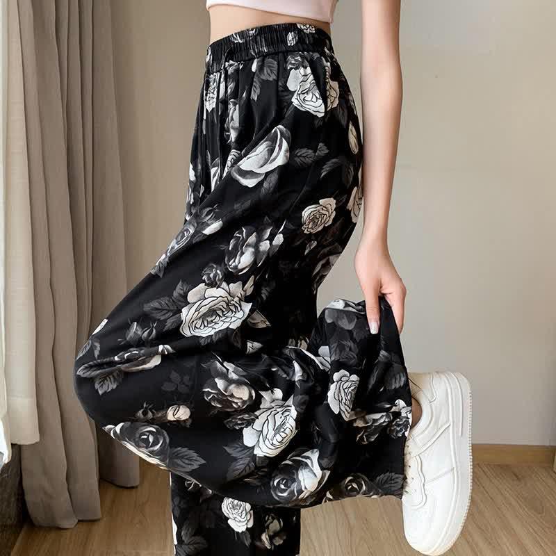 Rose Print High Waist Wide Leg Casual Pants  |   Pants Clothing Black