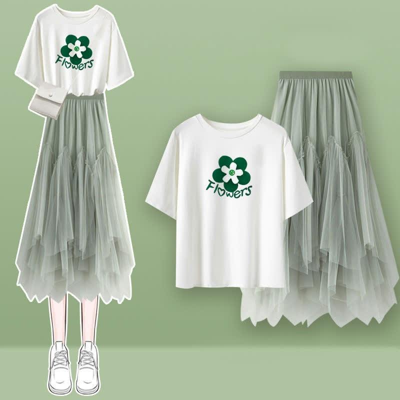 Round Collar Print T-Shirt Irregular Tulle Skirt  |   T-Shirts Clothing Set A