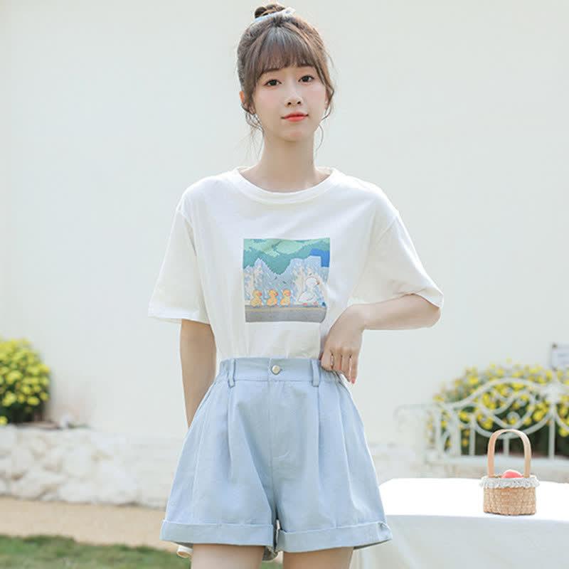 Round Collar Printed T-Shirt Pure Color Casual Shorts  |   T-Shirts Clothing Apricot Shorts