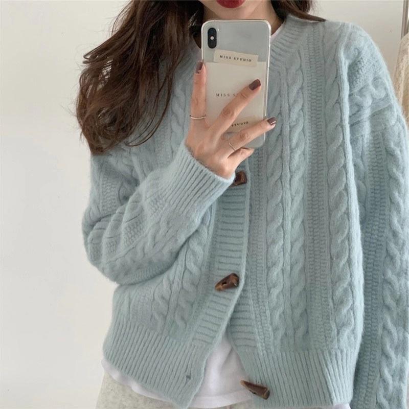 Round Collar Pure Color Cardigan Sweater  |   Outerwear Clothing Blue