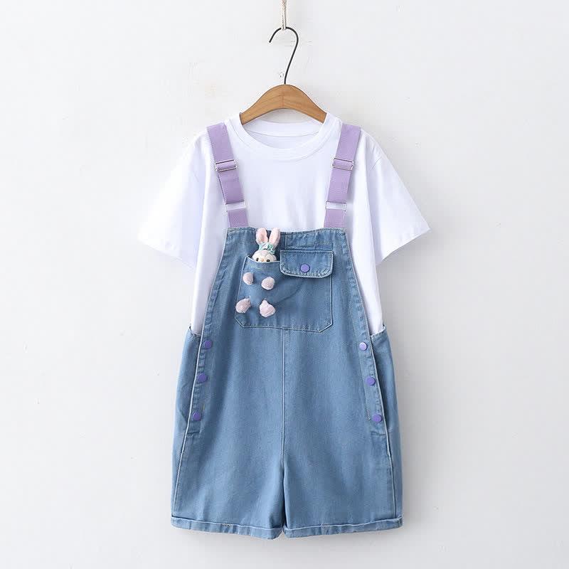 Round Collar T-Shirt Bunny Denim Overall Shorts Two Pieces Set  |   T-Shirts Clothing Set