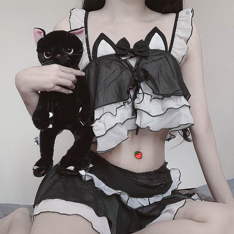 Ruffle Chiffon Cat Ears Tank Top Lingerie Set  |   Crop Tops & Camis Clothing Black