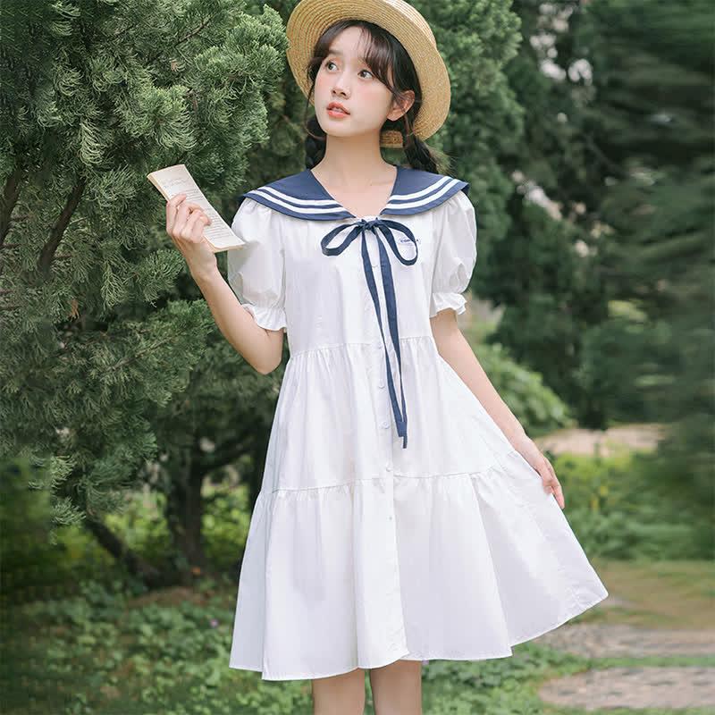 Sailor Collar Bowknot Puff Sleeve A-Line Dress  |   Dresses Clothing Dresses