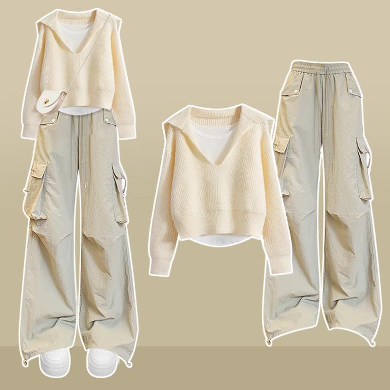 Sailor Collar Knit Sweater Cami Top Cargo Pants Two Pieces  |   Sweater Clothing Cami Top+Sweater A