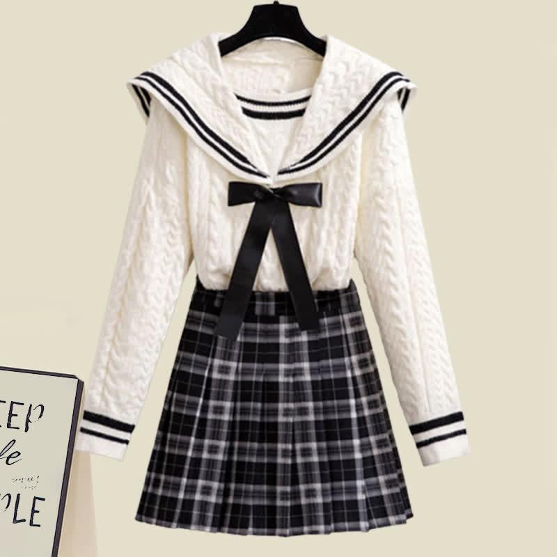 Sailor Collar Sweater Lattice Pleated Skirt Set  |   Sweater Clothing Skirt