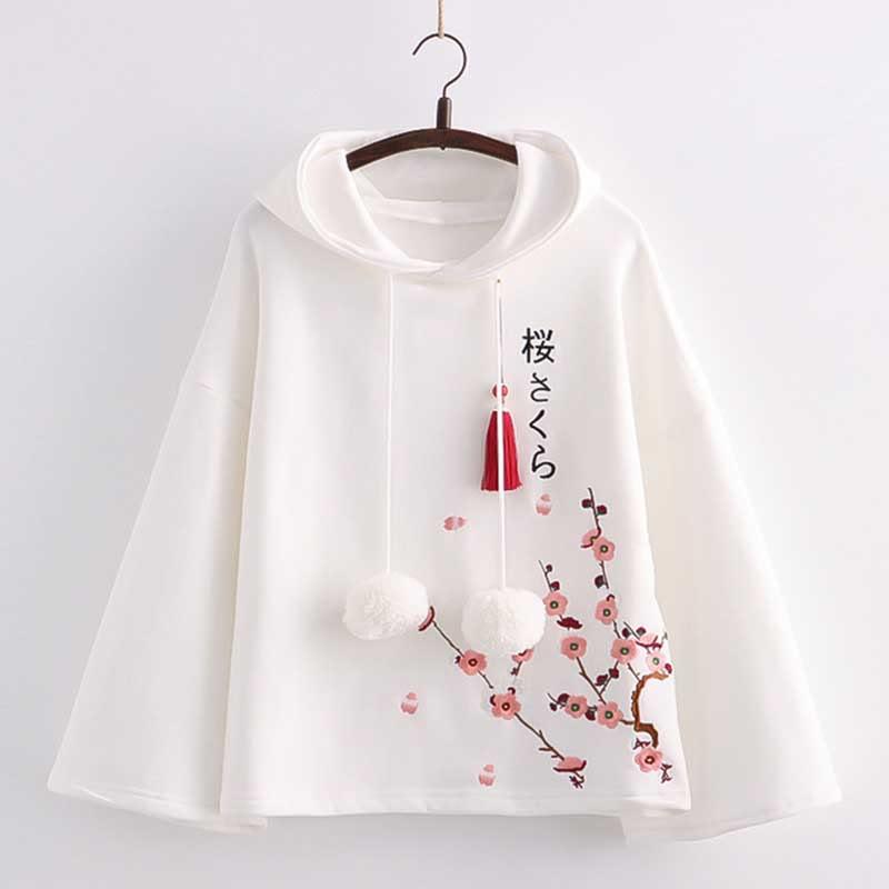 Sakura Letter Embroidery Tassel Loose Hoodie  |   Sweatshirts & Hoodies Clothing Black