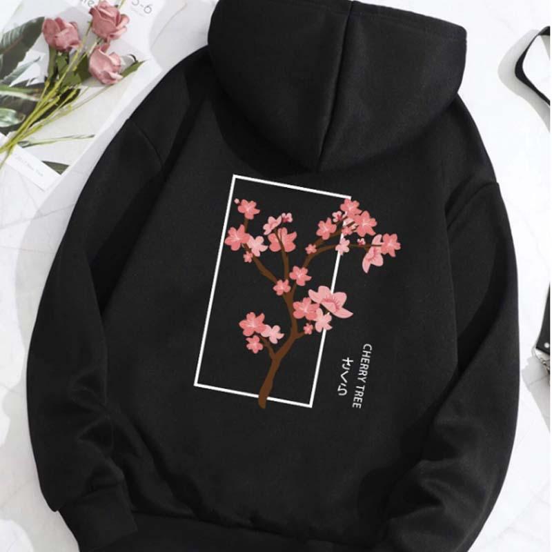 Sakura Print Plush Hoodie  |   Sweatshirts & Hoodies Clothing Black