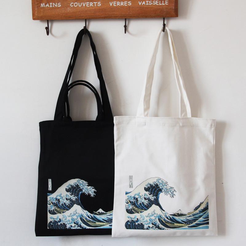 Sea Wave Print Canvas Bag  |   Tote Bag Bags Black Sling Bag